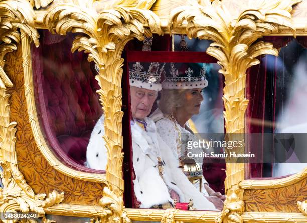 King Charles III and Queen Camilla travelling in the Gold State Coach built in 1760 and used at every Coronation since that of William IV in 1831sets...