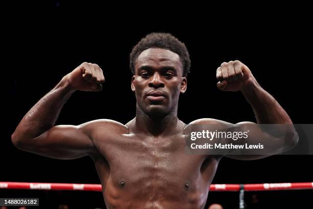 Joshua Buatsi celebrates after defeating Pawel Stepien during the Light Heavyweight fight between Joshua Buatsi and Pawel Stepien at Resorts World...