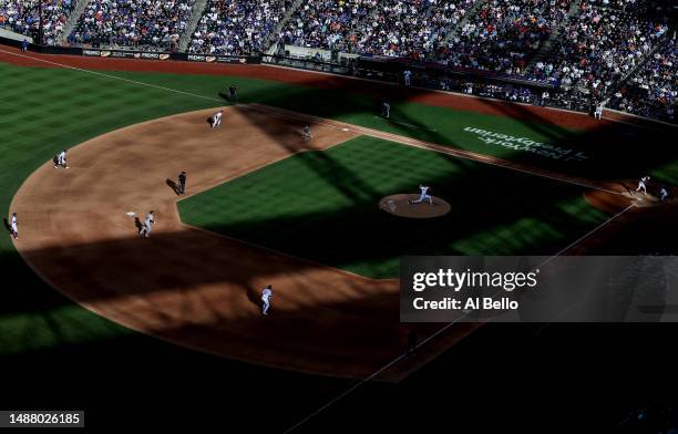 Stephen Nogosek of the New York Mets pitches to Brenton Doyle of the Colorado Rockies during their game at Citi Field on May 06, 2023 in New York...