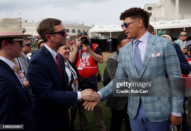 Quarterback Patrick Mahomes of the Kansas City Chiefs shakes hands with Kentucky Governor Andy Beshear during the 149th running of the Kentucky Derby...