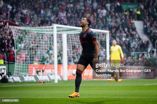 Serge Gnabry of Munich celebrates after scoring his team's first goal during the Bundesliga match between SV Werder Bremen and FC Bayern München at...