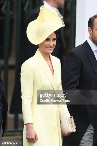 Pippa Middleton departs Westminster Abbey after the Coronation of King Charles III and Queen Camilla on May 06, 2023 in London, England. The...