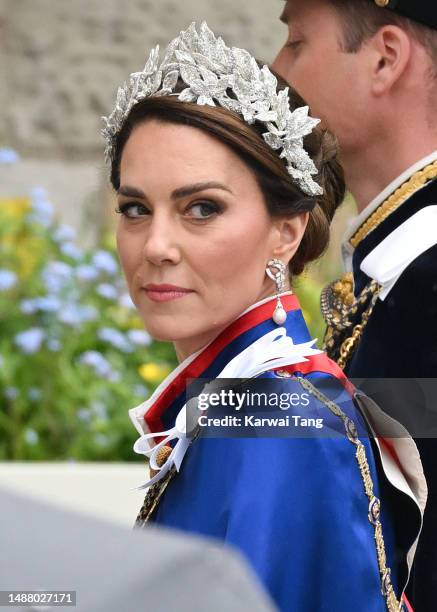 Catherine, Princess of Wales arrives at Westminster Abbey for the Coronation of King Charles III and Queen Camilla on May 06, 2023 in London,...