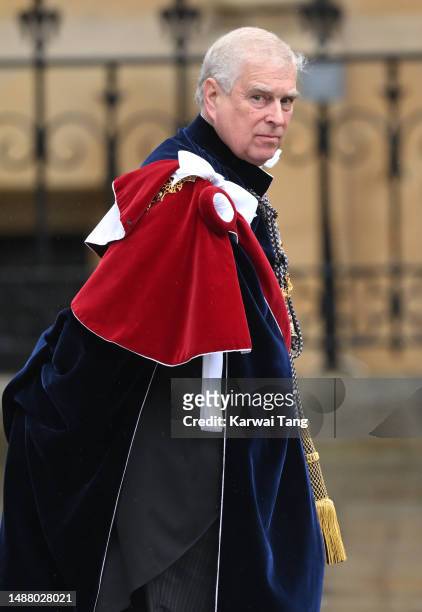 Prince Andrew, Duke of York departs Westminster Abbey after the Coronation of King Charles III and Queen Camilla on May 06, 2023 in London, England....