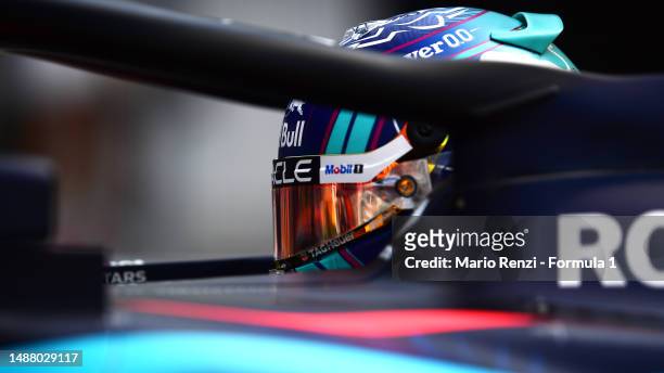 Max Verstappen of the Netherlands and Oracle Red Bull Racing prepares to drive in the garage during qualifying ahead of the F1 Grand Prix of Miami at...