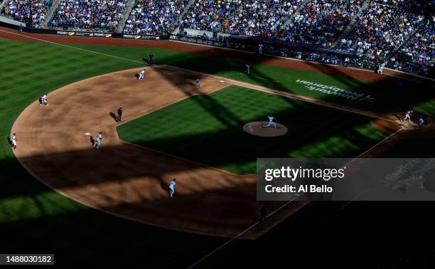 Stephen Nogosek of the New York Mets pitches to Brenton Doyle of the Colorado Rockies during their game at Citi Field on May 06, 2023 in New York...