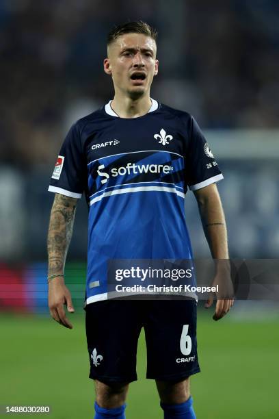 Marvin Mehlem of Darmstadt reacts during the Second Bundesliga match between SV Darmstadt 98 and FC St. Pauli at Merck-Stadion am Boellenfalltor on...