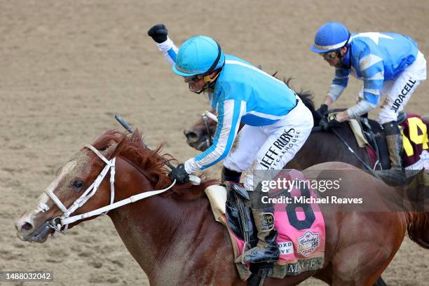 Jockey Javier Castellano celebrates atop of Mage after winning the 149th running of the Kentucky Derby at Churchill Downs on May 06, 2023 in...