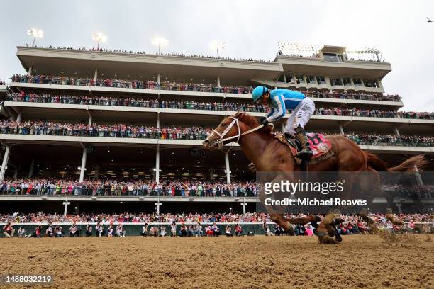 Mage, ridden by jockey Javier Castellano crosses the finish line to win the 149th running of the Kentucky Derby at Churchill Downs on May 06, 2023 in...