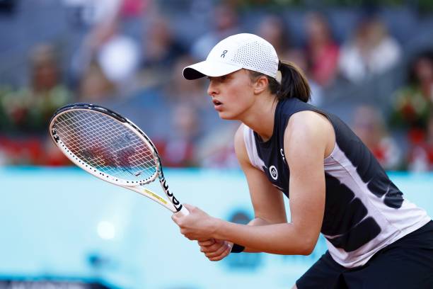 Iga Swiatek of Poland in action against Aryna Sabalenka of Belarus during the Singles Final Women match during Mutua Madrid Open 2023 celebrated at...
