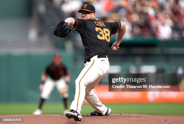 Alex Cobb of the San Francisco Giants pitches against the Milwaukee Brewers in the top of the first inning of the game at Oracle Park on May 06, 2023...