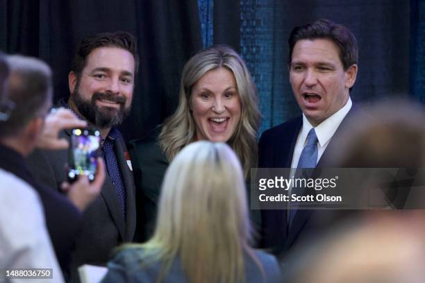 Florida Governor Ron DeSantis greets guests at the Republican Party of Marathon County Lincoln Day Dinner annual fundraiser on May 06, 2023 in...