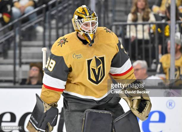 Laurent Brossoit of the Vegas Golden Knights is seen during the second period against the Edmonton Oilers in Game Two of the Second Round of the 2023...