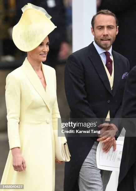 Pippa Middleton and James Middleton depart Westminster Abbey after the Coronation of King Charles III and Queen Camilla on May 06, 2023 in London,...