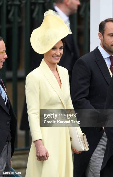 Pippa Middleton departs Westminster Abbey after the Coronation of King Charles III and Queen Camilla on May 06, 2023 in London, England. The...