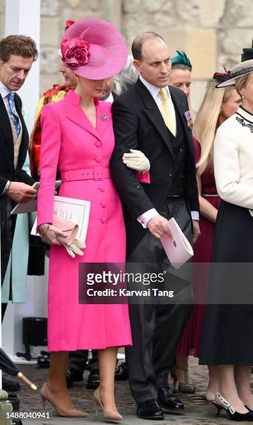 Lady Gabriella Kingston and Lord Frederick Windsor depart Westminster Abbey after the Coronation of King Charles III and Queen Camilla on May 06,...