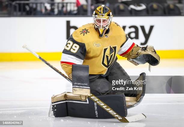 Laurent Brossoit of the Vegas Golden Knights tends net during the second period against the Edmonton Oilers in Game Two of the Second Round of the...