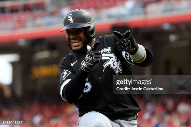 Hanser Alberto of the Chicago White Sox celebrates a home run in the second inning of the game against the Cincinnati Reds at Great American Ball...