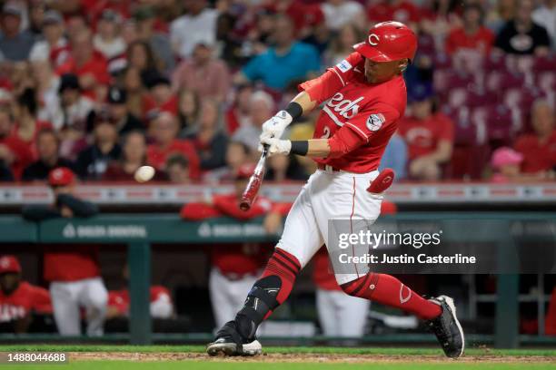 Friedl of the Cincinnati Reds hits a triple in the seventh inning of the game against the Chicago White Sox at Great American Ball Park on May 06,...