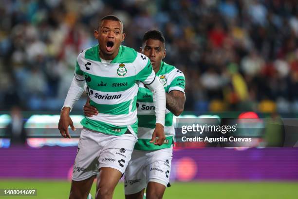 Harold Preciado of Santos celebrates after scoring the team's first goal during the repechage match between Pachuca and Santos Laguna as part of the...