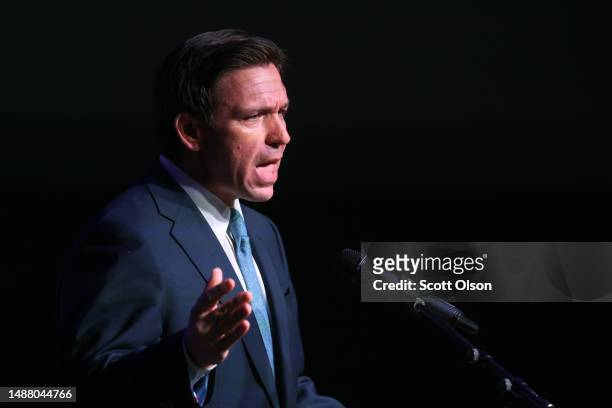 Florida Governor Ron DeSantis speaks to guests at the Republican Party of Marathon County Lincoln Day Dinner annual fundraiser on May 06, 2023 in...