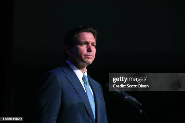 Florida Governor Ron DeSantis speaks to guests at the Republican Party of Marathon County Lincoln Day Dinner annual fundraiser on May 06, 2023 in...