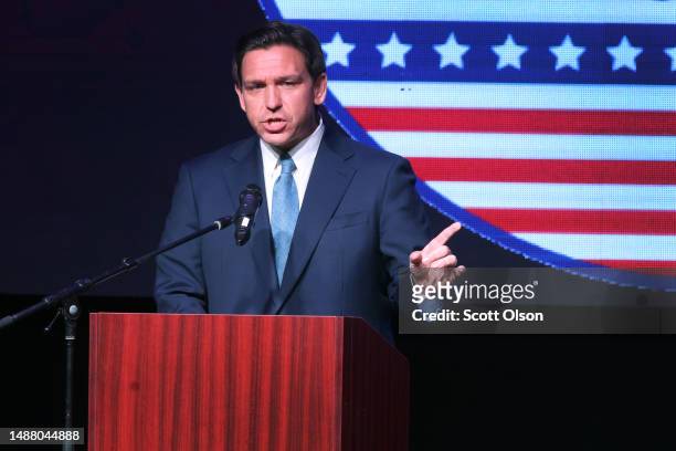 Florida Governor Ron DeSantis speaks to guests at the Republican Party of Marathon County Lincoln Day Dinner annual fundraiser on May 06, 2023 in...