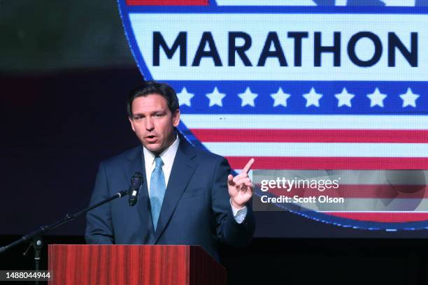 Florida Governor Ron DeSantis speaks to guests at the Republican Party of Marathon County Lincoln Day Dinner annual fundraiser on May 06, 2023 in...