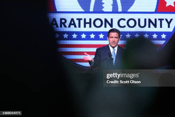 Florida Governor Ron DeSantis speaks to guests at the Republican Party of Marathon County Lincoln Day Dinner annual fundraiser on May 06, 2023 in...