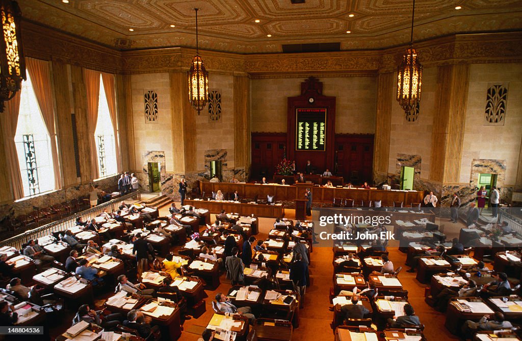 House Chamber of the Louisiana State Capitol, Baton Rouge. The 34-story Art-Deco skyscraper was built in 1931 under the guidance of Governor Huey P Long