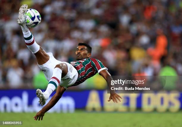 Thiago Santos of Fluminense bicycles kicks the ball during a match between Fluminense and Vasco da Gama as part of Brasileirao 2023 at Maracana...