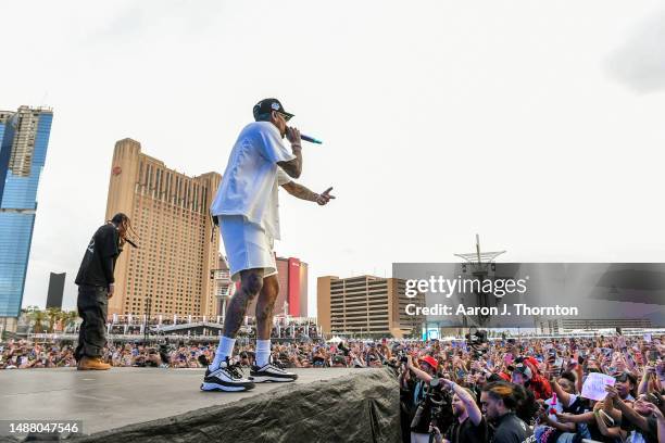 Chris Brown and Tyga perform onstage during the Lovers & Friends music festival at the Las Vegas Festival Grounds on May 06, 2023 in Las Vegas,...