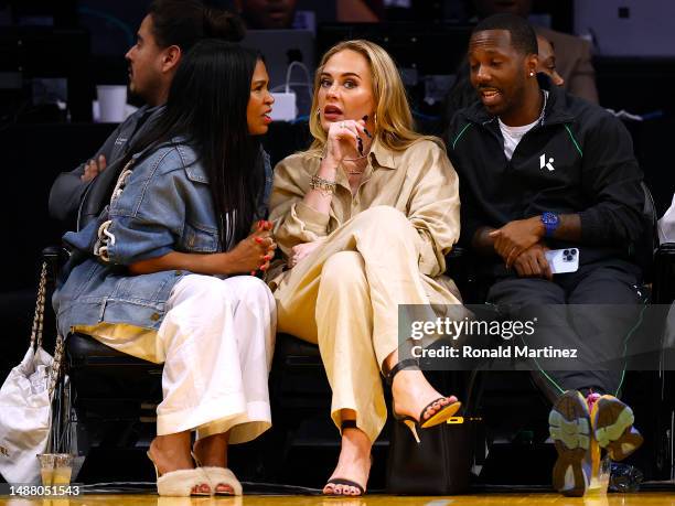 Adele attending the game between the Golden State Warriors and the Los Angeles Lakers during the first half in game three of the Western Conference...