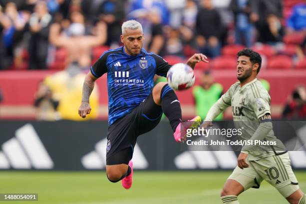 Miguel Trauco of the San Jose Earthquakes controls the ball during a game between San Jose Earthquakes and Los Angeles FC at Levi's Stadium on May 6,...