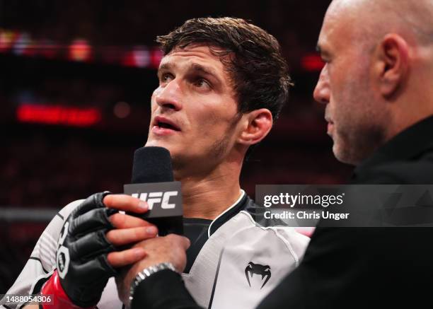 Movsar Evloev of Russia reacts after his victory over Diego Lopes of Brazil in a featherweight fight during the UFC 288 event at Prudential Center on...