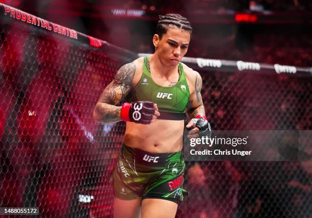 Jessica Andrade of Brazil prepares to fight Yan Xiaonan of China in a strawweight fight during the UFC 288 event at Prudential Center on May 06, 2023...