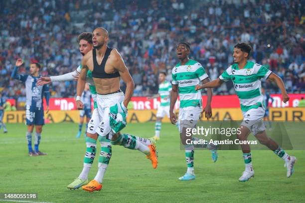 Matheus Doria of Santos celebrates after scoring the team's fourth goal during the repechage match between Pachuca and Santos Laguna as part of the...
