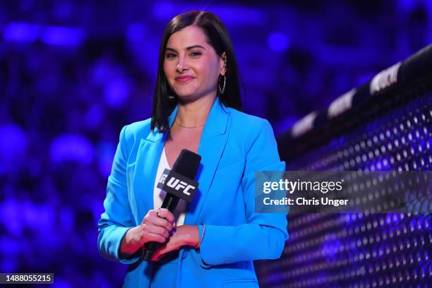 Reporter Megan Olivi is seen during the UFC 288 event at Prudential Center on May 06, 2023 in Newark, New Jersey.