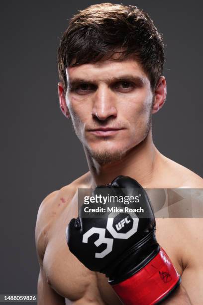 Movsar Evloev of Russia poses for a portrait after his victory during the UFC 288 event at Prudential Center on May 06, 2023 in Newark, New Jersey.