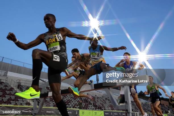 Runners compete in the men's 3000 meter steeplechase at Sound Running and On: Track Nights Track Fest on May 06, 2023 in Los Angeles, California.