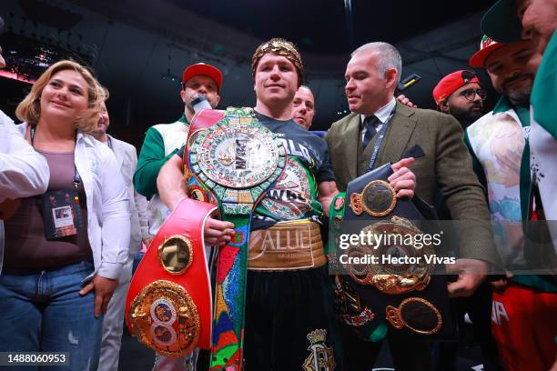 Canelo Alvarez celebrates after the fight for the Super Middleweight Championship against John Ryder at Akron Stadium on May 06, 2023 in Zapopan,...