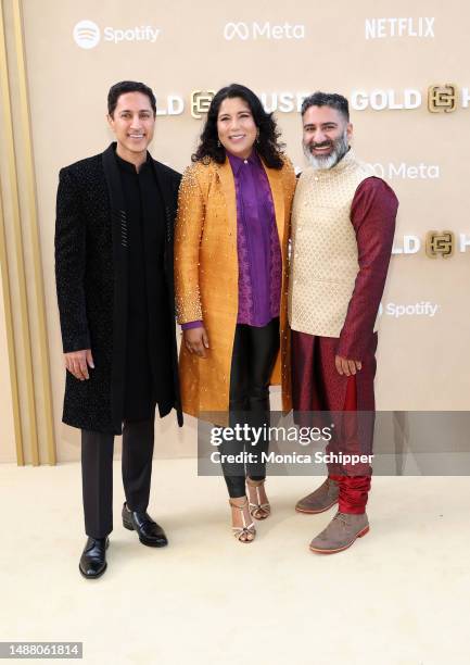 Maulik Pancholy, Nisha Ganatra and Parvesh Cheena attend Gold House's 2nd annual Gold Gala at The Music Center on May 06, 2023 in Los Angeles,...