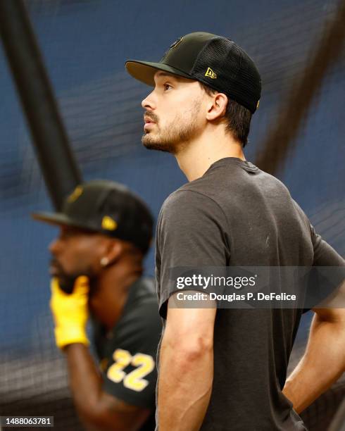 Bryan Reynolds of the Pittsburgh Pirates looks on prior to the game against the Tampa Bay Rays at Tropicana Field on May 03, 2023 in St Petersburg,...