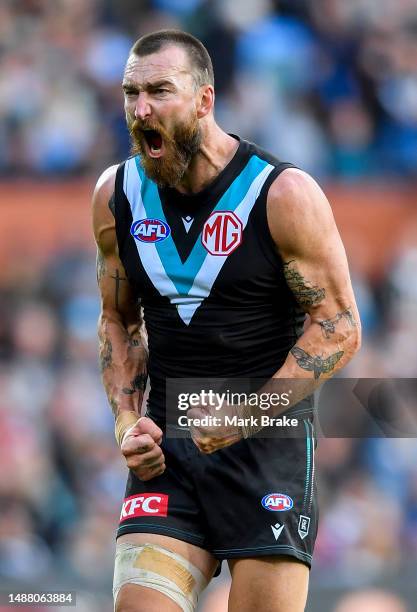 Charlie Dixon of Port Adelaide celebrates a goal during the round eight AFL match between Port Adelaide Power and Essendon Bombers at Adelaide Oval,...