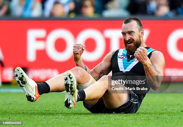 Charlie Dixon of Port Adelaide celebrates a goal during the round eight AFL match between Port Adelaide Power and Essendon Bombers at Adelaide Oval,...