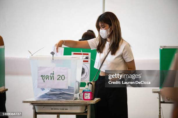 People cast their vote for the Thai General Election on early voting day on May 07, 2023 in Bangkok, Thailand. In Bangkok, Thailand, over 800,000...