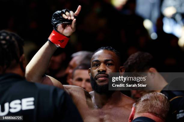 Aljamain Sterling of Jamaica prepares to enter the octagon before their bantamweight title bout against Henry Cejudo at UFC 288 at Prudential Center...