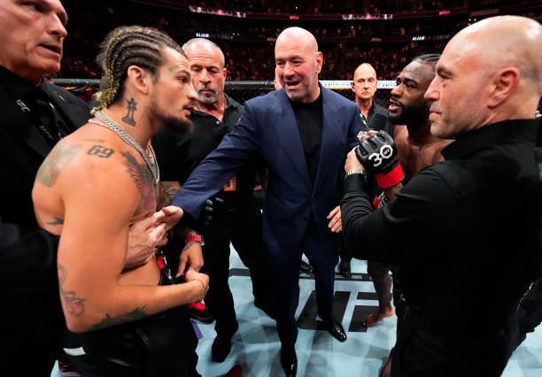 Sean O'Malley and Aljamain Sterling have words after Sterling's victory over Henry Cejudo in the UFC bantamweight championship fight during the UFC...