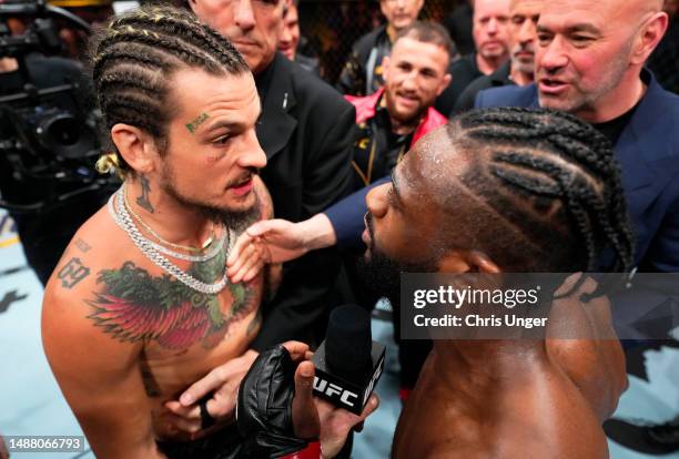 Sean O'Malley and Aljamain Sterling have words after Sterling's victory over Henry Cejudo in the UFC bantamweight championship fight during the UFC...