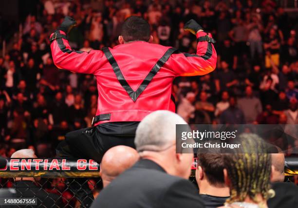 Merab Dvalishvili is seen wearing a jacket taken from Sean O'Malley as he challenged Dvalishvili's teammate Aljamain Sterling during the UFC 288...